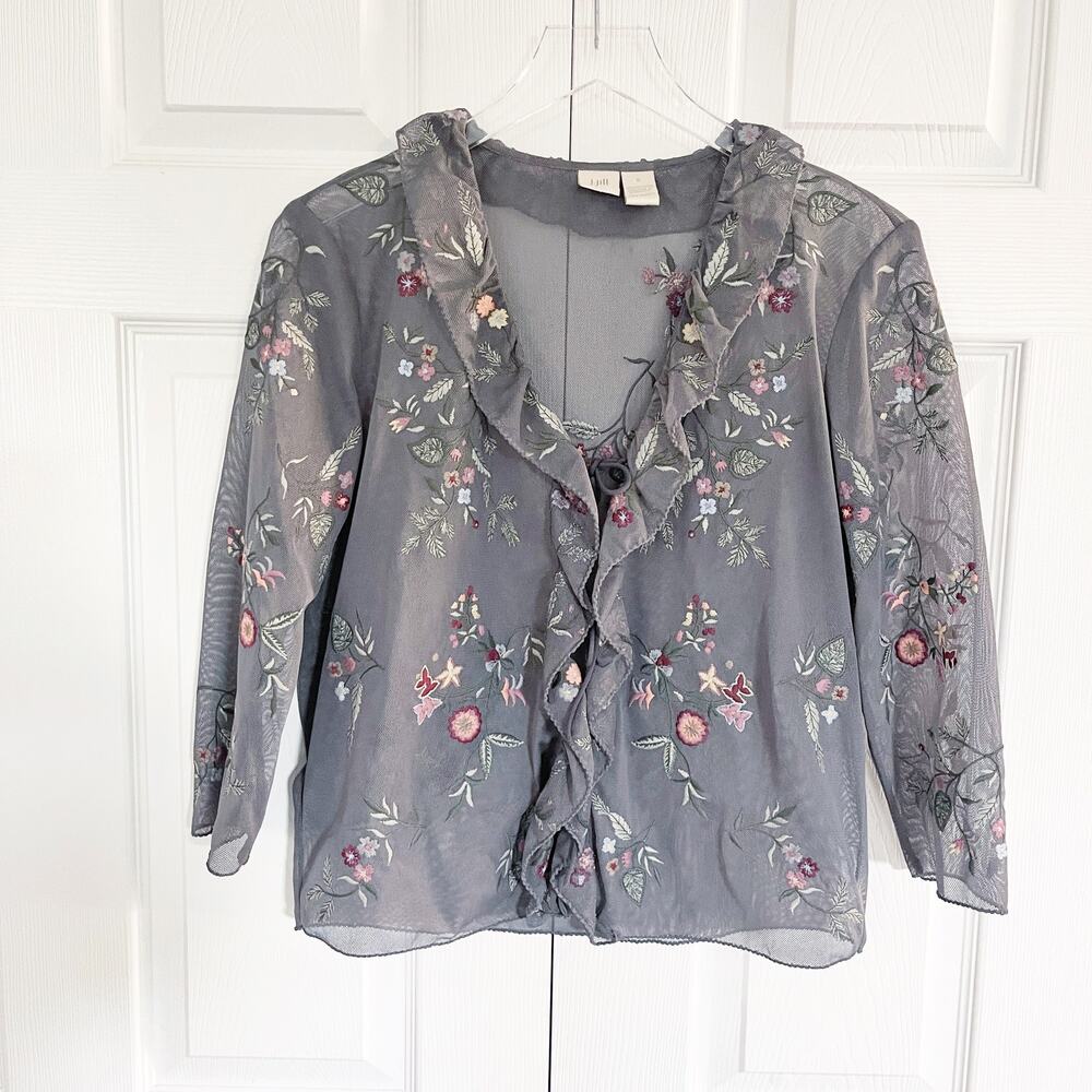 J.Jill Gray Floral Embroidered Mesh Front Tie Sheer Top